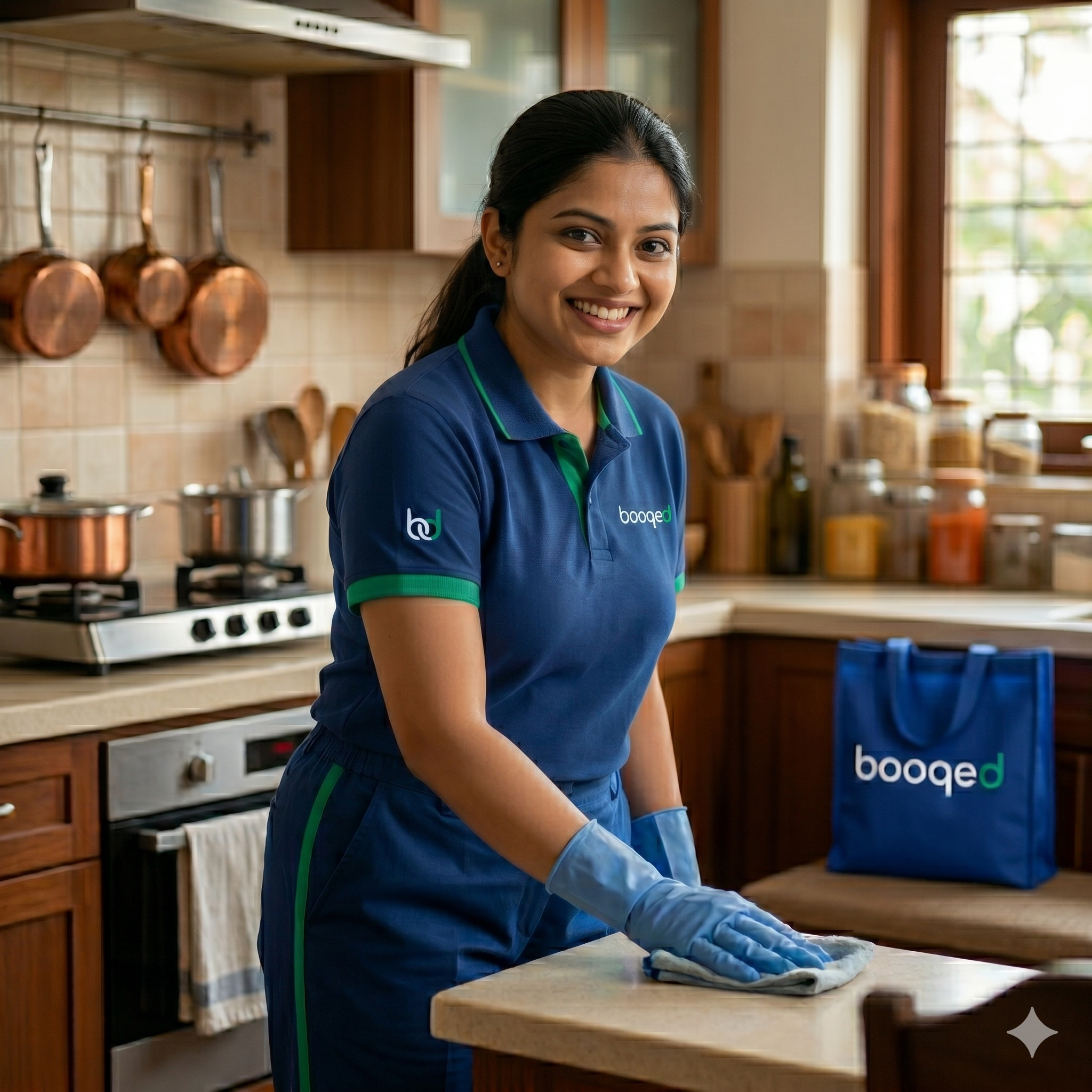 Professional Indian house help cleaning kitchen